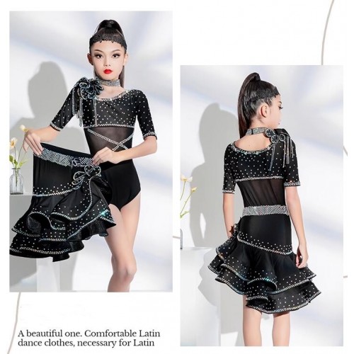 Girls competition latin dance dresses gemstones Black race clothes for girls ballroom tango salsa senior performance outfits for kids